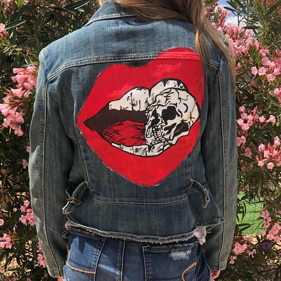 Baccini Custom Painted Jean Jacket Skull Mouth Small Long Sleeve Open Denim - Picture 1 of 8